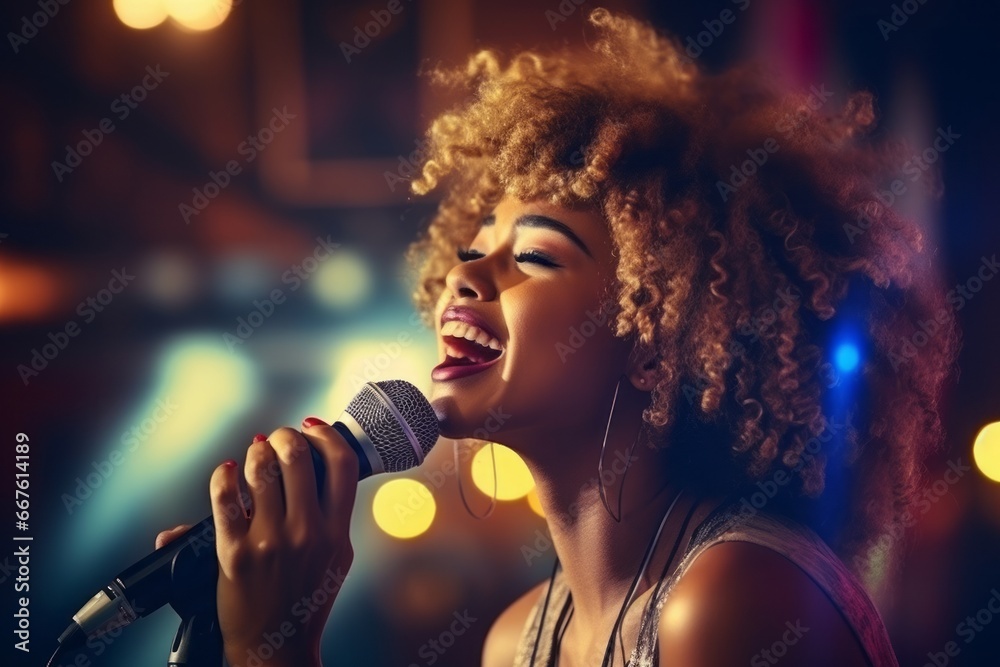 a young african woman singing into the studio microphone on stage performing a song on stage. in a neon led club lights. a creative artist singer or performer producing entertainment
