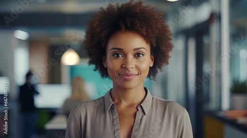 Portrait of beautiful professional African American businesswoman looking at camera with a out of focus office in the background. Modern corporate office workplace scene.