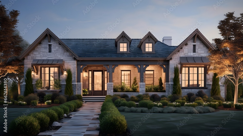 Panoramic view of beautiful classic american house at dusk.