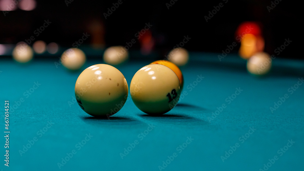 Billiards pyramid. Billiard ball on the table.