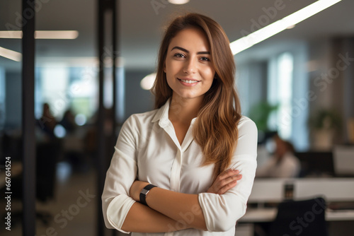 Happy casual businesswoman looking at camera with crossed arms in office, New generation of energetic entrepreneurs concept. Free Download Happy casual businesswoman looking at camera with crossed arms in office, New generation of energetic entrepreneurs concept. - GFXLoad
