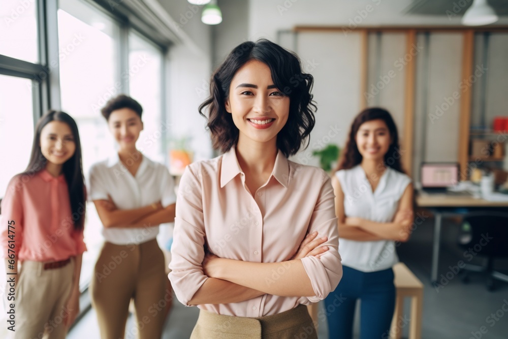 Obraz premium Group of casual business teamwork men and women looking at camera with crossed arms in office, New generation of energetic entrepreneurs concept.