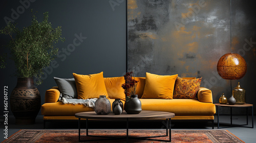 A Velvet Dark Yellow Sofa with a Dark Gray Empty Wall Behind Persian Rug on Floor Lux Side Table Living Room Background