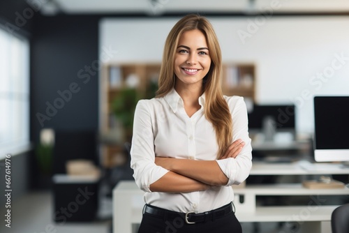 Happy casual businesswoman looking at camera with crossed arms in office, New generation of energetic entrepreneurs concept. Free Download Happy casual businesswoman looking at camera with crossed arms in office, New generation of energetic entrepreneurs concept. - GFXLoad