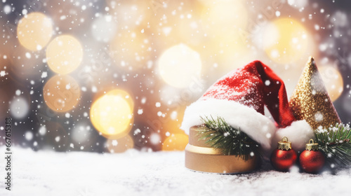 Christmas decoration with santa claus hat and baubles in snow. Blurred christmas bokeh background