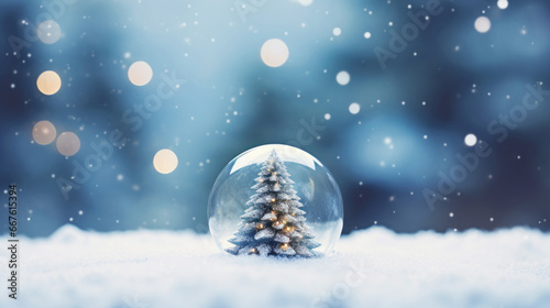 Christmas glass ball with fir tree on snow and bokeh background