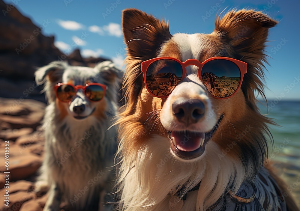 Poster Print Two dogs are taking selfies on a beach earing sunglasses sunny day with blue wa 40x26.7 cm