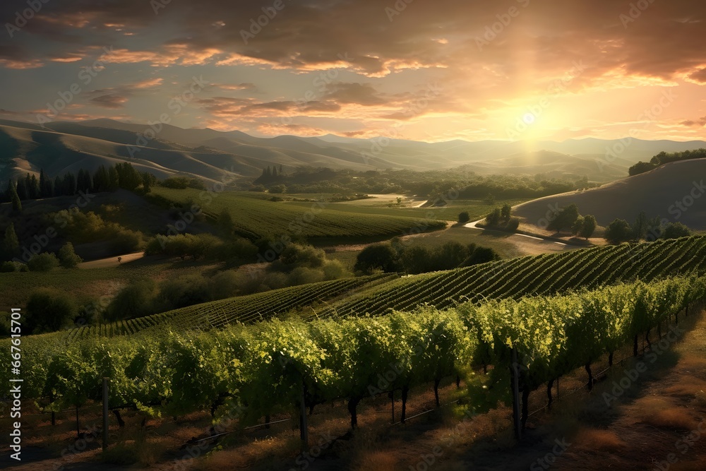 Sunset over vineyards in Tuscany, Italy, Europe