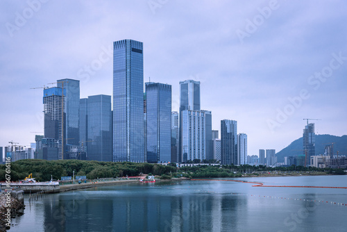The harbor scenery of Baoan District  Shenzhen  china. City skyline at dusk. Modern business office building. 