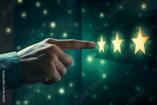 3 Star hand touching, Hand pointing three star virtual screen, Star rating concept banner, Boy touching stars on screen, 3 shining stars, Hand finger tip pointing towards digital star rating feedback