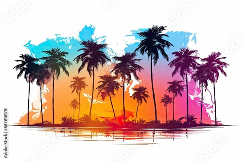 Beautiful tropical beach at sunset with palm trees, ocean and colorful relaxing atmosphere on a white background.