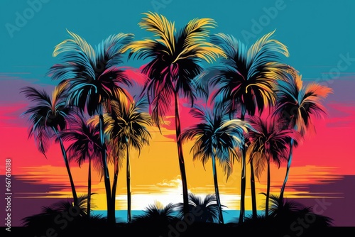 Serene tropical beach at sunset with silhouettes of palm trees against a bright and colorful abstract sky.