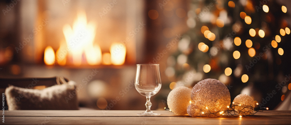 Wine glass and christmas decoration on wooden table in front of fireplace. Wine glass and christmas decoration on wooden table in front of fireplace.
