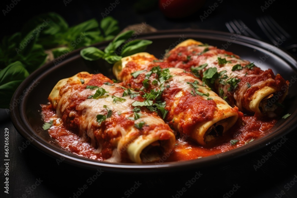 A delicious Italian dish of stuffed pasta topped with a rich cheese and tomato sauce.