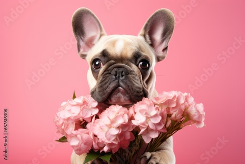 An adorable portrait of a young French Bulldog surrounded by fresh spring flowers, perfect for a celebration.