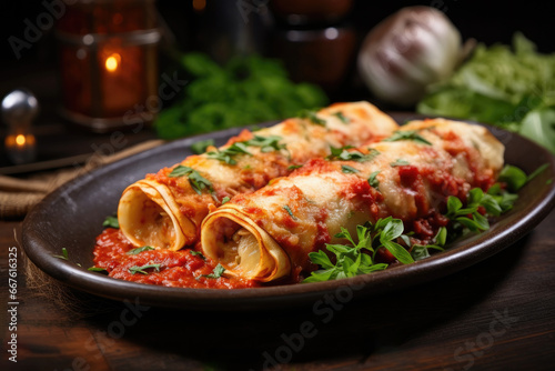 A mouth-watering Italian dinner of stuffed cannelloni with rich meats and cheeses  perfect for Italian food lovers.