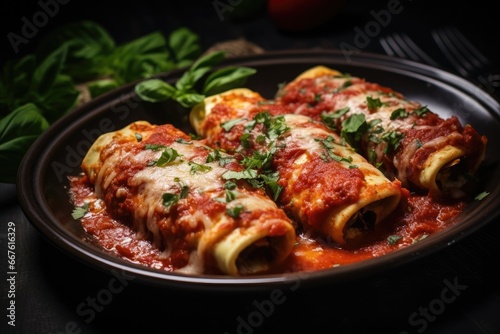 A delicious Italian dish of stuffed pasta topped with a rich cheese and tomato sauce.