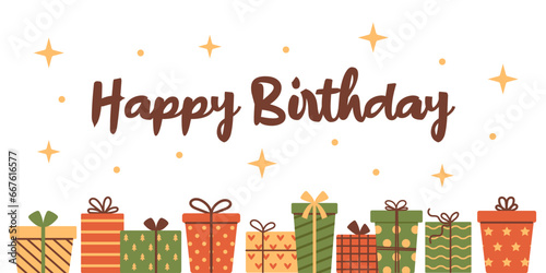Vector Birthday banner with gift boxes. Background with holiday presents and Happy Birthday text. Horizontal illustration for Birthday celebration.