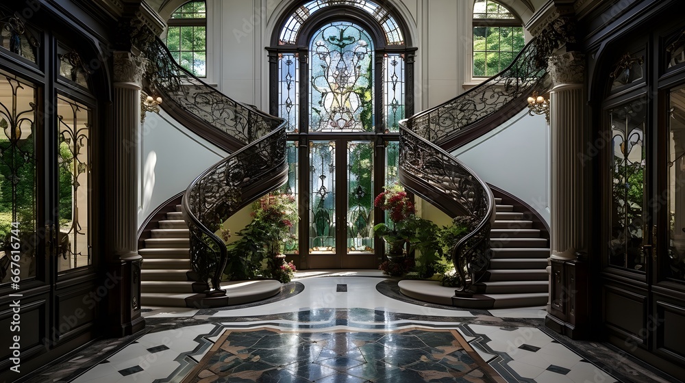 Luxury mansion with a beautiful staircase. Panoramic photo.