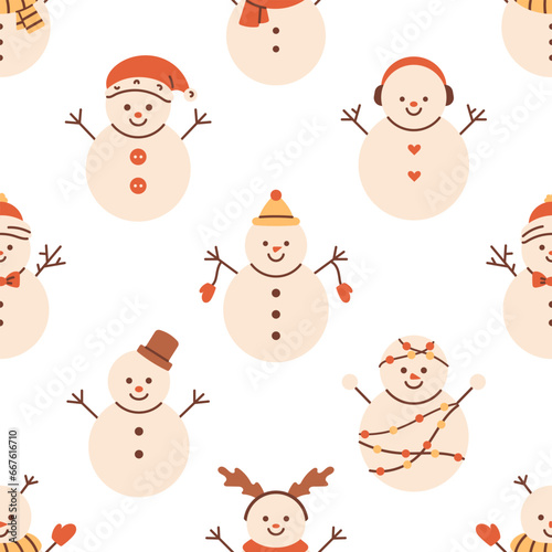Fototapeta Naklejka Na Ścianę i Meble -  Vector snowman seamless pattern. Christmas funny snowman characters on white background. Pattern with cute winter snowman wearing hat and scarf. Wrapping or textile design.
