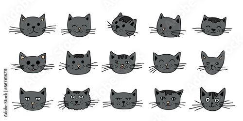 Hand drawn cat muzzle clipart. Cute pet face doodle set