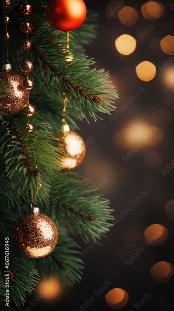 Christmas tree with golden baubles on bokeh lights background.