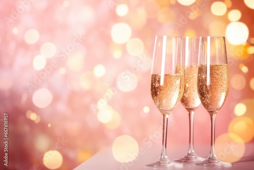 Champagne glasses on bokeh lights background. Party, new year, celebration idea