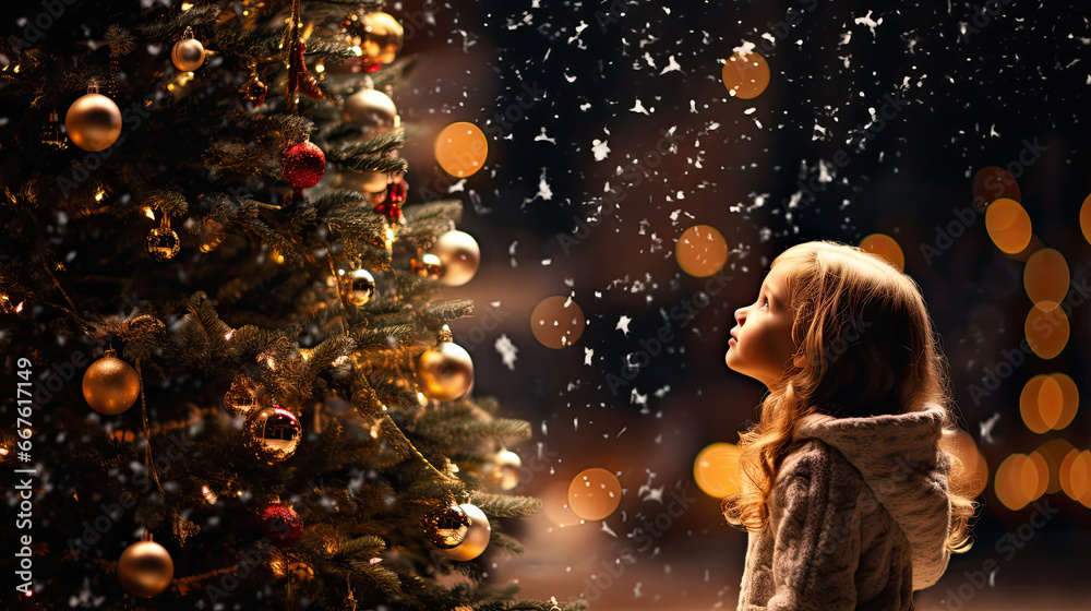 Girl looking at the decorated Christmas tree, Christmas portrait 
