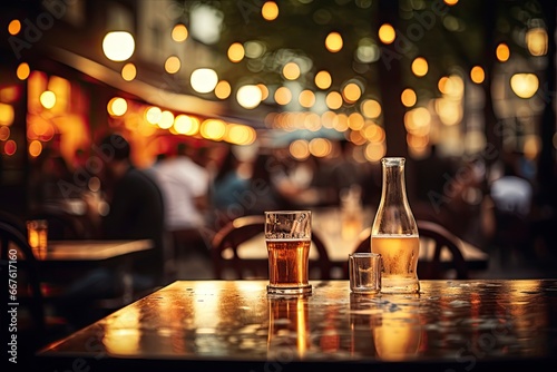Bokeh background of Street Bar beer restaurant, People sit chill out and hang out dinner and listen to music together.