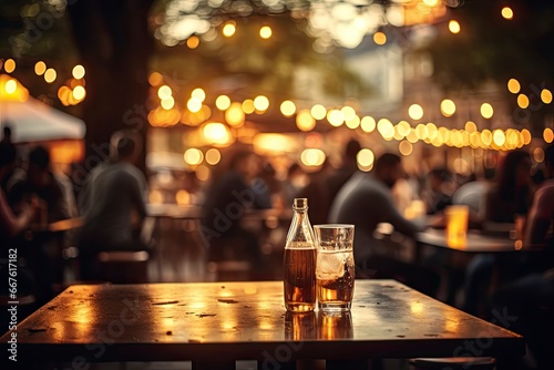 Bokeh background of Street Bar beer restaurant, People sit chill out and hang out dinner and listen to music together. photo
