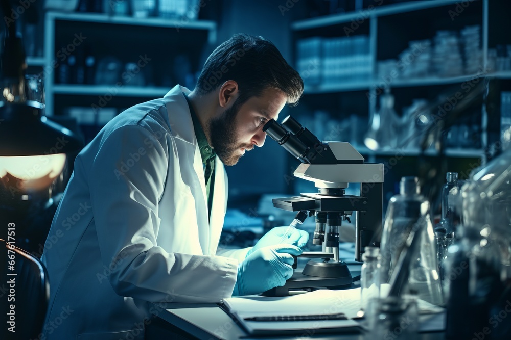 a researcher or a doctor working in a hospital laboratory with medical high tech healthcare equipment, microscopes, performing a test for diagnose analysis a researcher or a doctor working in a hospital laboratory with medical high tech healthcare equipment, microscopes, performing a test for diagnose analysis