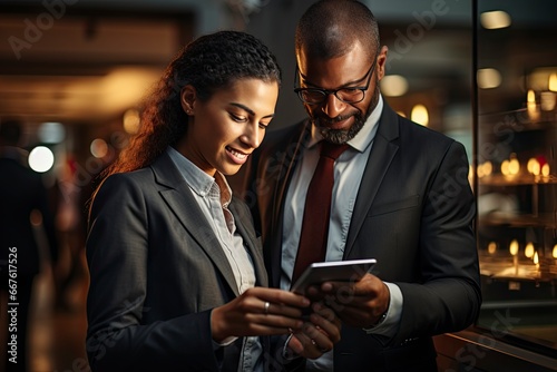 Smiling young african american professional businessman and businesswoman together working online with a digital tablet in office