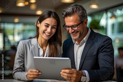 Smiling young professional businessman and businesswoman together working online with a digital tablet in office