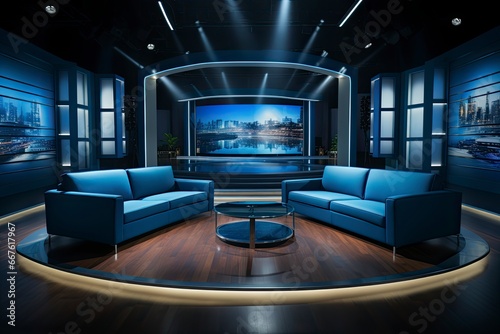 Immersive TV studio stage, with led and spotlights lights and luxury couch