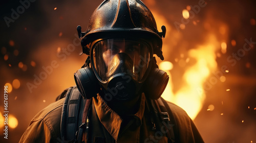 Portrait of firefighter wearing protective facial mask.