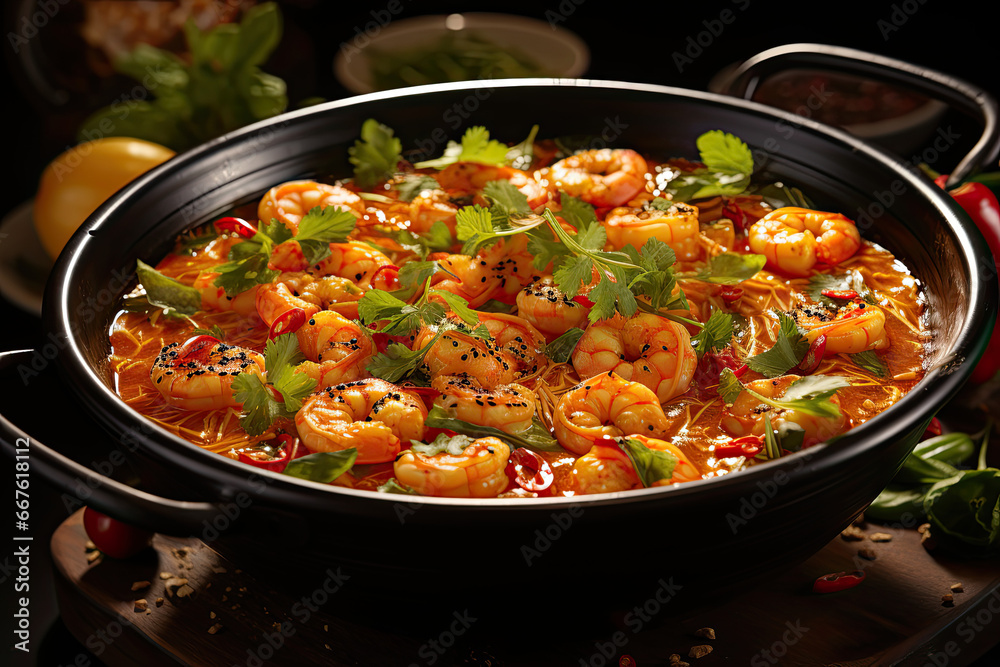 Spicy Thai soup with shrimp in a black bowl Spicy Thai soup with shrimp in a black bowl