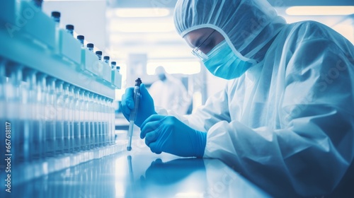 scientist researcher medical worker in blue sanitary gloves, face mask, protection clothes controlling medicinal products vaccine vials at pharmaceutical factory. Pharma assembly line with liquid meds