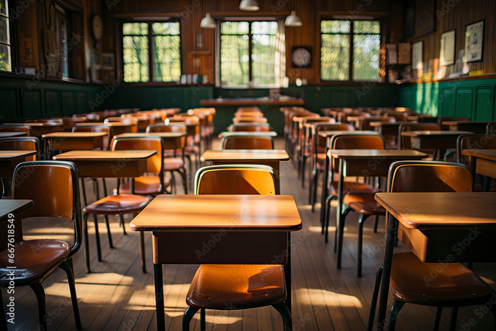 Empty school classroom with vintage tone wooden chairs. Back to school concept