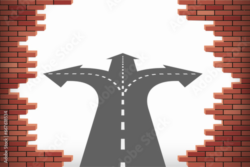 Crossroads with traffic direction arrows through a broken brick wall. Stock vector illustration
