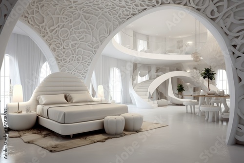 Interior of the luxury and extravagant hotel suite with large bed