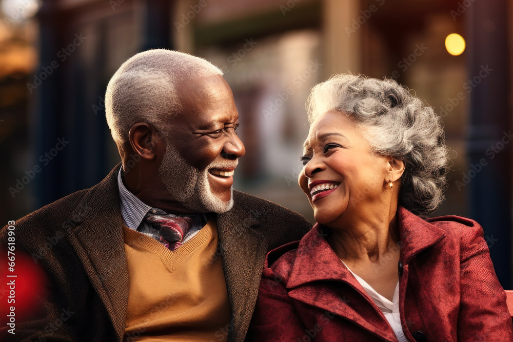 An elderly dark-skinned couple, a man and a woman, are hugging on a bench in the park. They enjoy communication. Date. Older African American lovers. Relationships in old age. Love and romance.