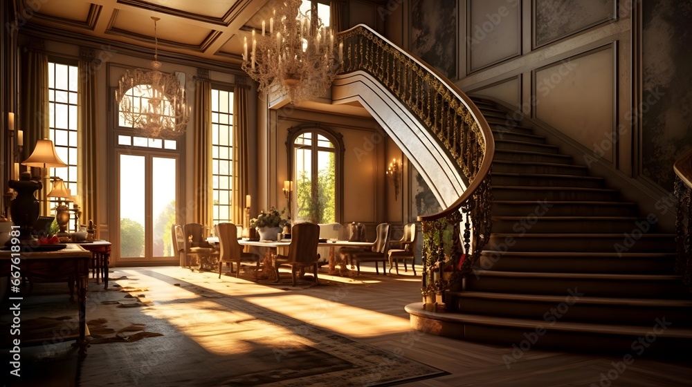 Luxury hotel interior with wooden stairs. 3d rendering.