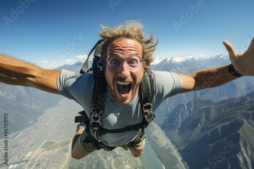 Skydiving Adrenaline: Euphoria of Freefall Amidst Mountains & Clouds
