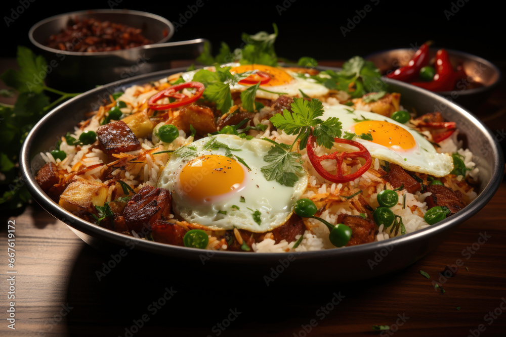 Indonesian Chicken Fried Rice on plate. Nasi Goreng is an Indonesian cuisine dish with jasmine rice, chicken meat, onion, egg, and mix veggie.