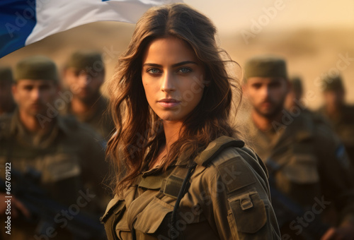 Shot of Israeli soldiers woman with the Israeli flag in the background before a war. photo