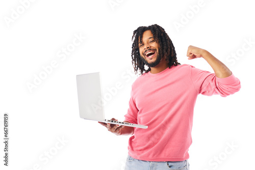 a man with braided hair holding a computer in his hand with a victory gesture on a white background photo