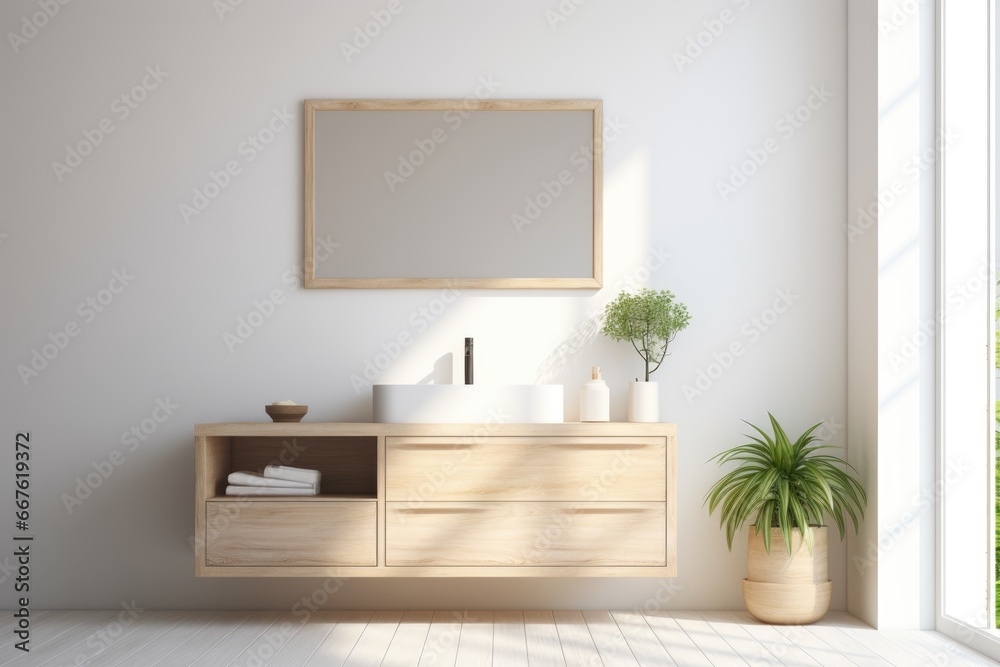 Scandinavian style interior, minimalist bathroom design with light wooden elements Scandinavian style interior, minimalist bathroom design with light wooden elements
