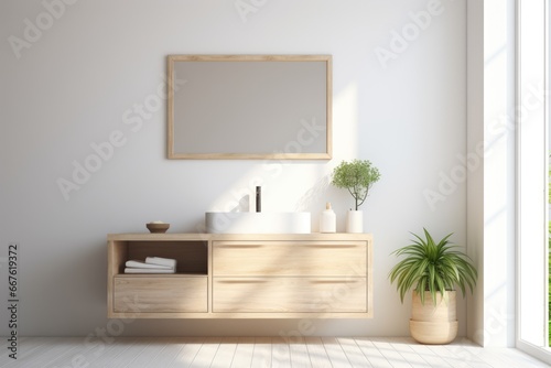 Scandinavian style interior  minimalist bathroom design with light wooden elements