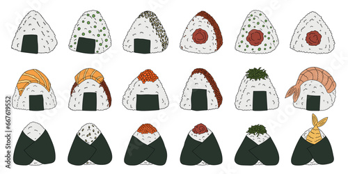 Hand drawn onigiri clipart set. Japanese fast food made of rice. Rice ball in nori seaweed