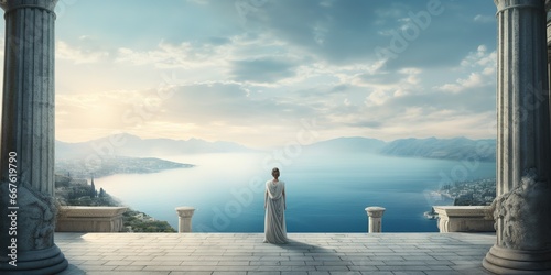 A contemplative Cleopatra stands at the balcony of her palace, the vast Mediterranean Sea behind her, with ships dotting the horizon, her silhouette framed by white limestone pillars photo